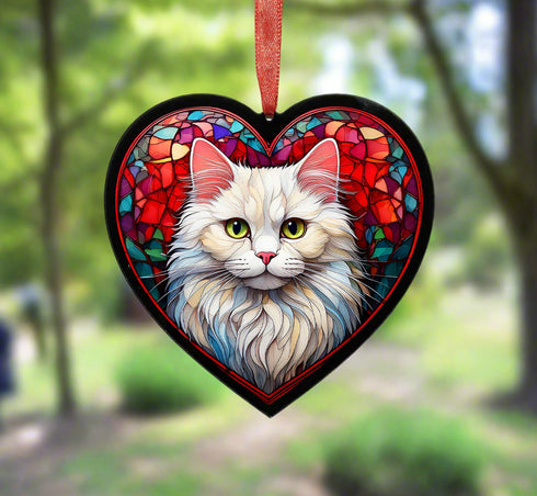 Persian Cat Stained Glass Effect Heart Suncatcher